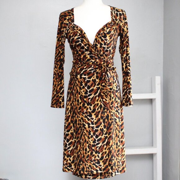 Norma Kamali Leopard Animal Print Stretch Long Sleeve Wrap Dress Size Medium - Picture 1 of 8